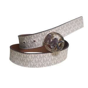 Michael Kors Reversible Monogram Belt 30-34" White Print/Brown Leather GUC